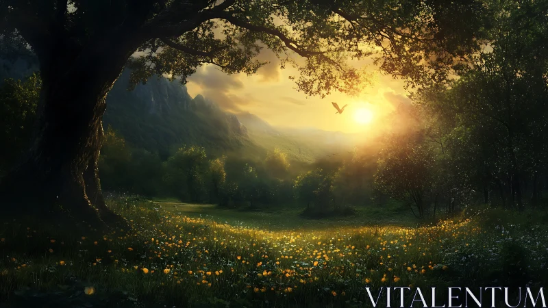 Backlit forest clearing with volumetric sunrise and detailed flora