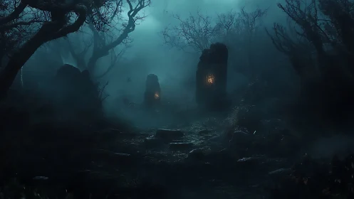 Fog-drenched forest monoliths emit occult glyph light at night