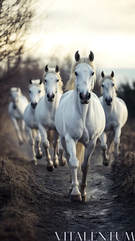 Galloping white horses on muddy rural path in soft dusk light.