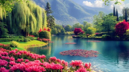 Lush lakeside garden blooms beneath serene misty mountains.