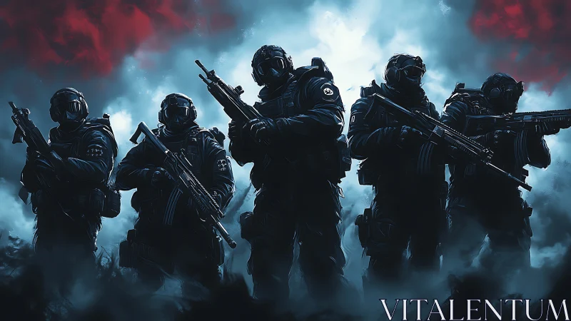 Tactical special forces squad in dense smoke, cinematic backlight