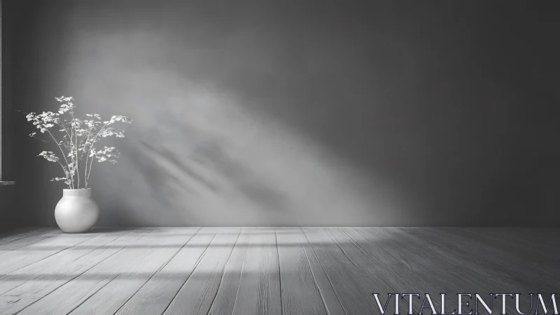 Soft morning light falls on minimalist vase in gray room