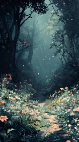 Enchanted Forest Pathway with Luminous Fireflies and Blooming Wildflowers.