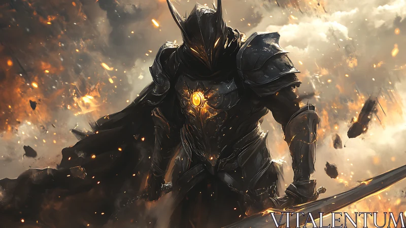 Armored dark knight advances through incendiary debris field decisively