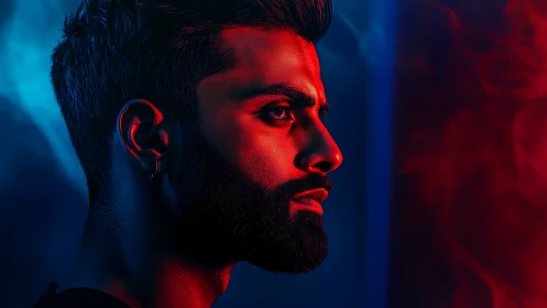 Profile portrait in red and blue dual color lighting study.