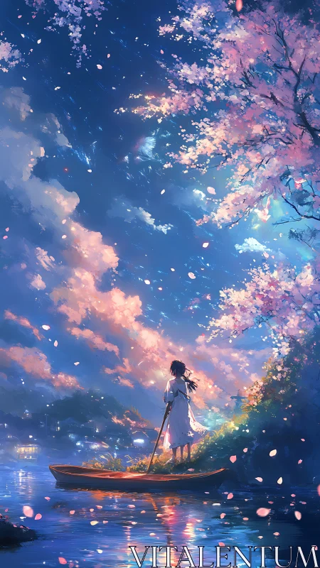 Moonlit river dreamer under drifting sakura confetti.