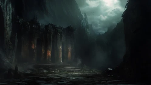 Dark cliffside temple ruins under storm-laden sky, concept art.