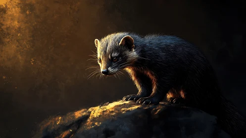 Twilight mustelid sentinel bathed in ember-edged moonlight.