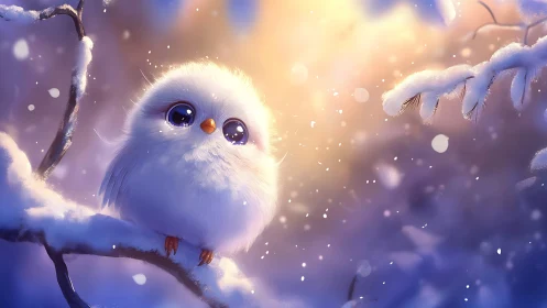 Cute White Fluffy Bird on Snowy Branch in Dreamy Winter Art.
