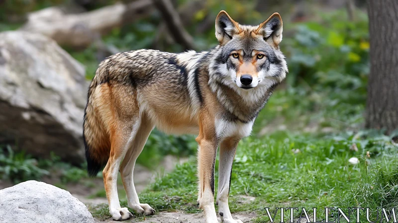 Wild wolf standing alert on forest path outdoors.