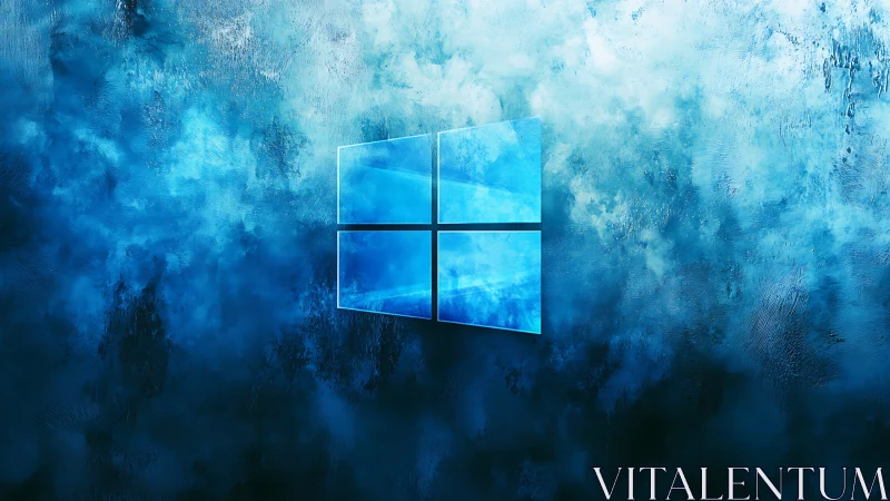 Glowing blue window logo floats on textured abstract wall