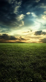 Endless green field beneath dramatic golden sunset sky.