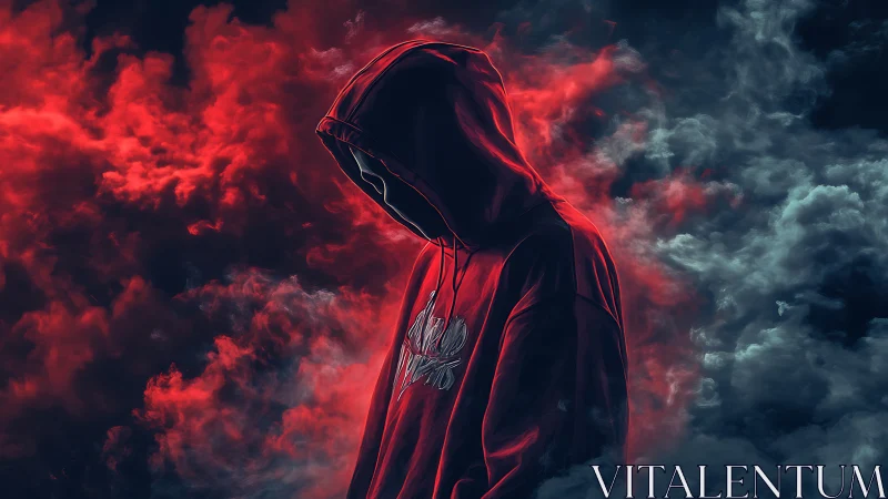Brooding hooded figure in red within swirling neon smoke.