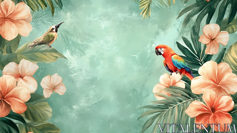 Tropical birds and hibiscus frame centered teal background