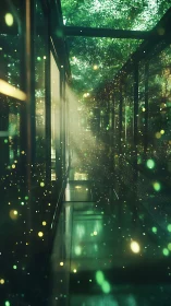 Digital painting corridor with luminous forest reflections.