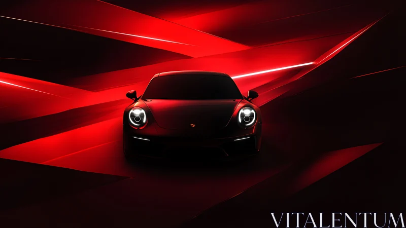 Front-lit sports coupé in angular red luminous environment.