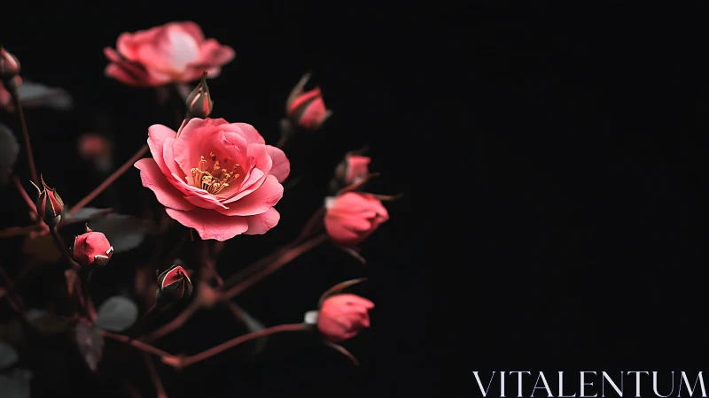 Pink roses with buds photographed against black background under controlled lighting