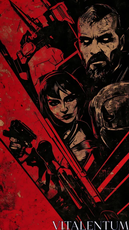 Stylized armed characters in red and black graphic composition.