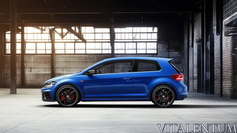 Photorealistic side profile of blue hatchback in industrial hall.