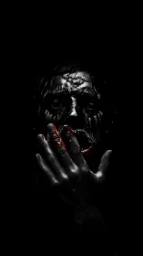 Bloodstained hand covers tortured face in deep darkness