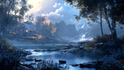 Moonlit forest river with glowing cottage and distant falls.