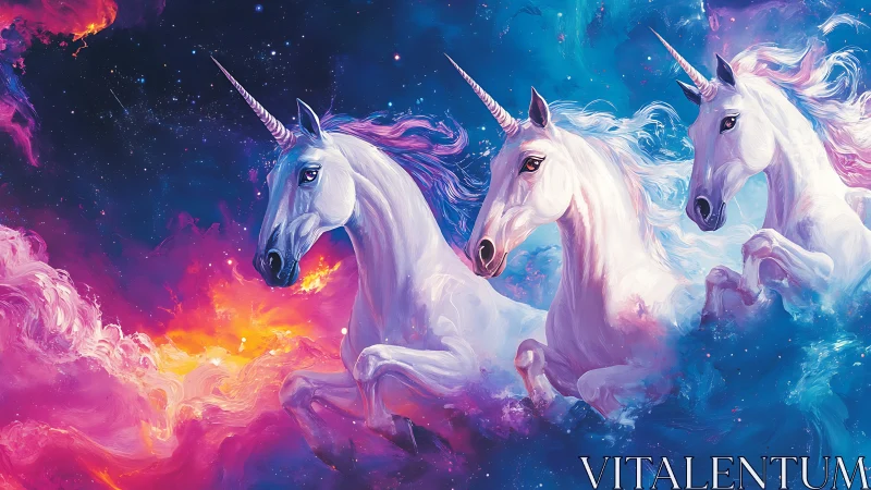 Three white unicorns in vibrant cosmic nebula clouds.