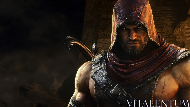 Hooded desert warrior glares forward under low warm light