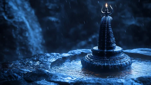 Stone shiva lingam under rainfall with single small flame.