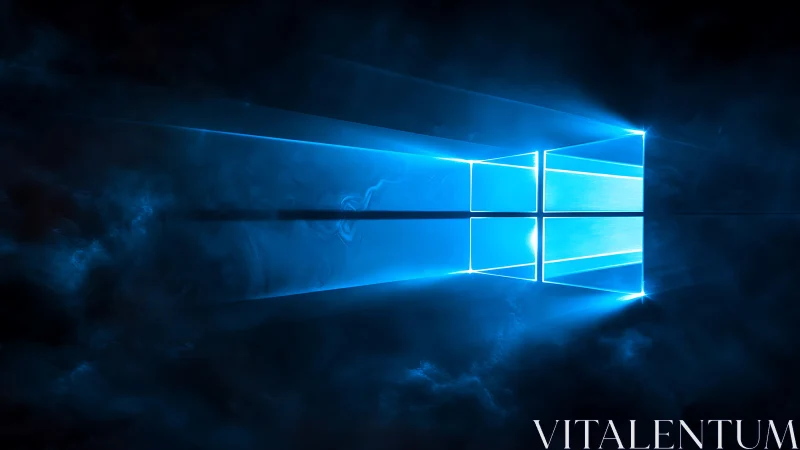 Blue luminous window logo projects light through digital fog