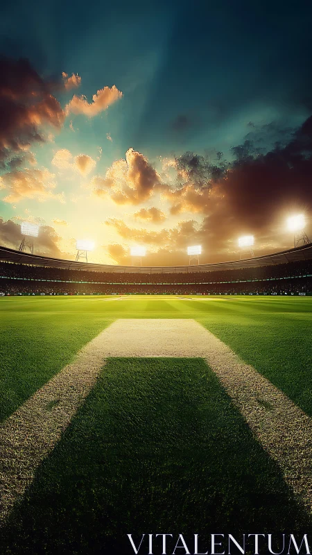 Sunset floodlights crown a waiting cricket pitch in silence.