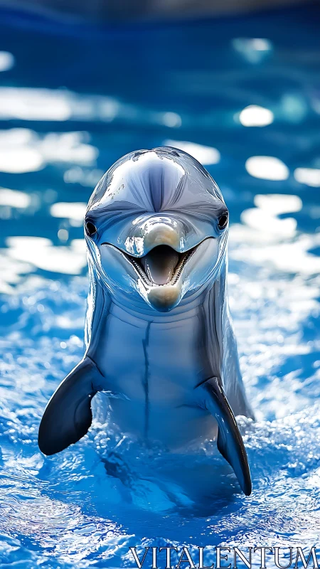 Smiling dolphin emerging from bright blue pool water.