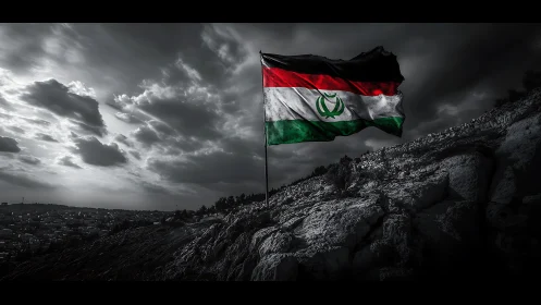 Stormlit tricolor flag on rocky ridge under dramatic sky