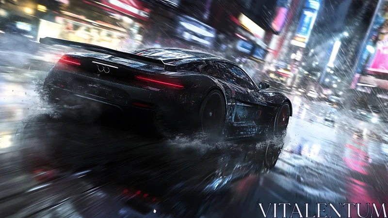 Midnight hypercar powerslide through neon rain-soaked streets.