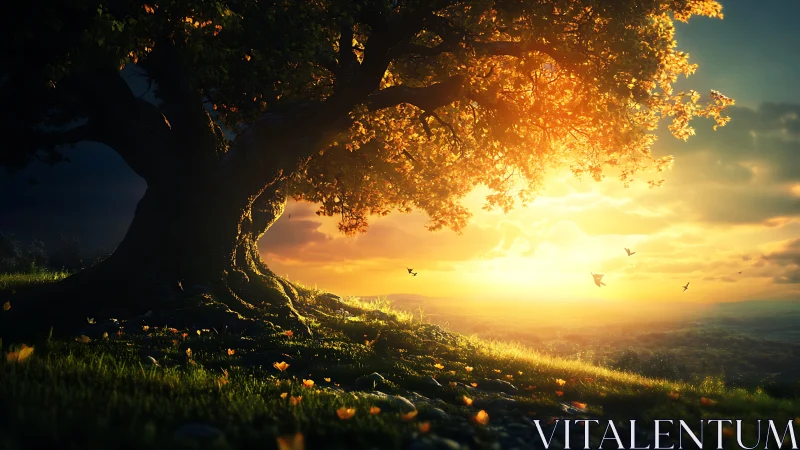 Sunlit guardian tree cradles a golden, dream-warm horizon.