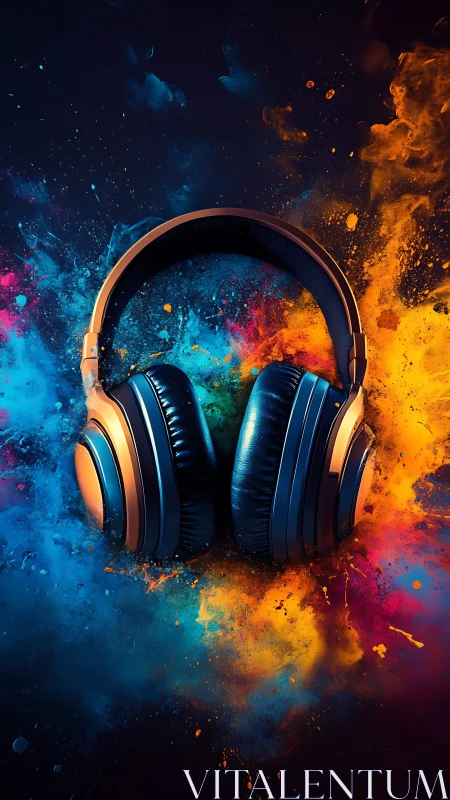Studio headphones framed by exploding cyan and amber paint.