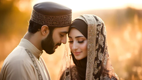 Islamic Wedding Portrait: Golden Hour Couple Embrace.