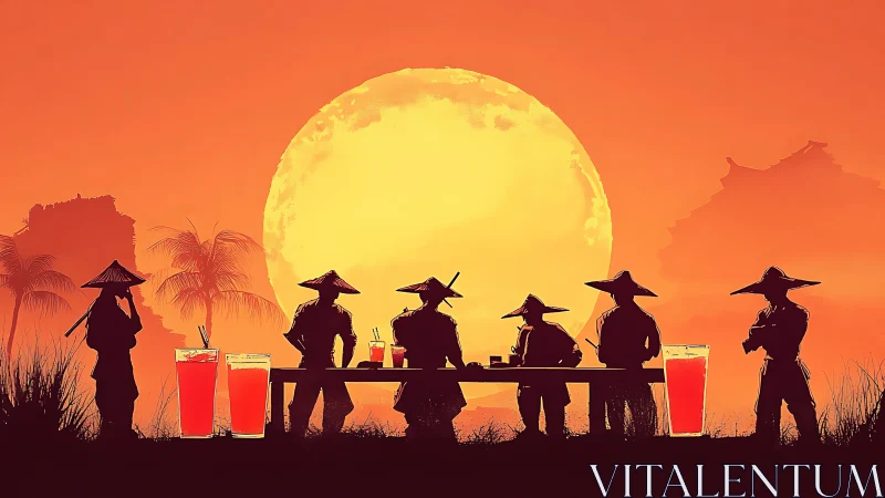 Digital painting of samurai silhouettes at sunset banquet.
