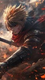 Firelit anime swordsman charges through burning battlefield.