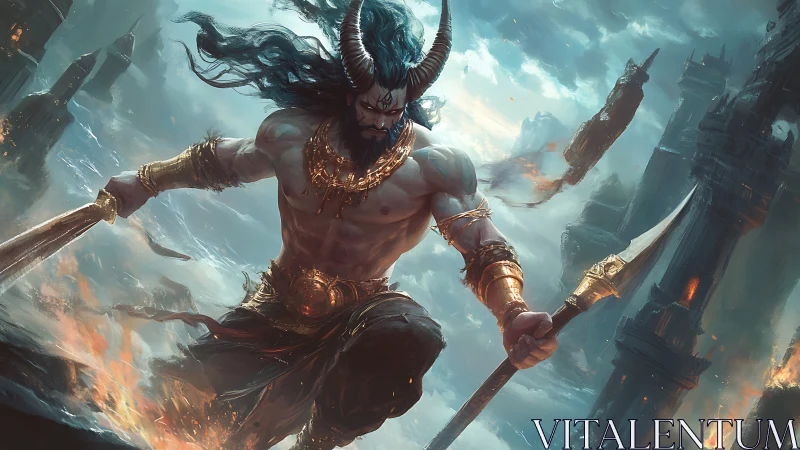 Horned warrior strides through ruined towers in stormed sky