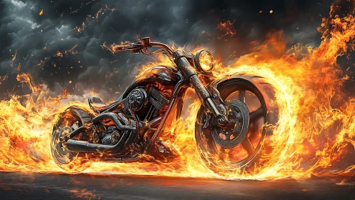 Photorealistic flaming motorcycle with dynamic inferno framing.