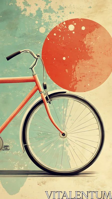 Retro Bicycle with Red Sun Against Weathered Turquoise Wall