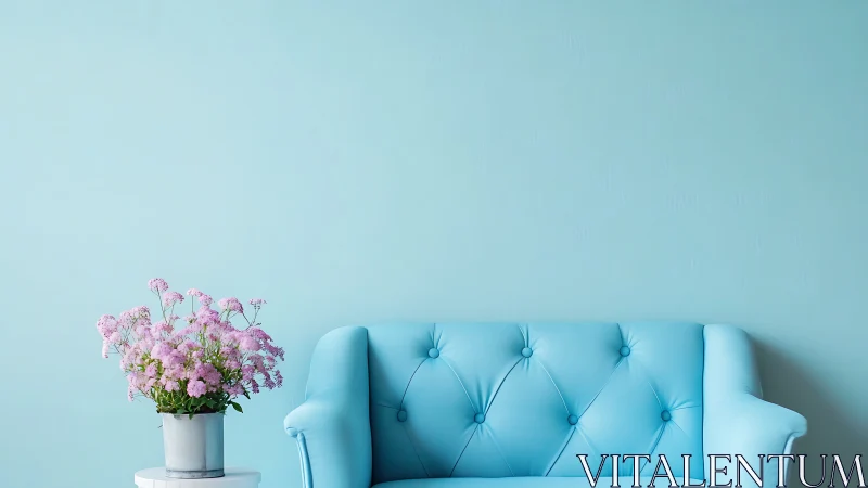 Pastel blue sofa and pink flowers in minimalist living room.