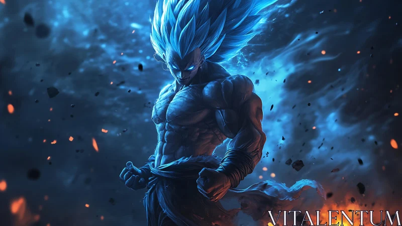 Blue flame warrior ignites a storm of cosmic battle fury.