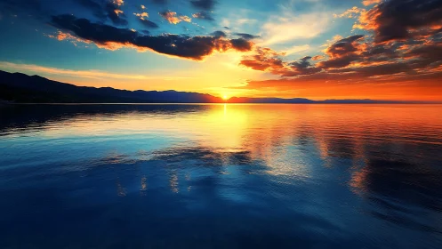 Digital seascape sunset with mirrored horizon symmetry rendering.