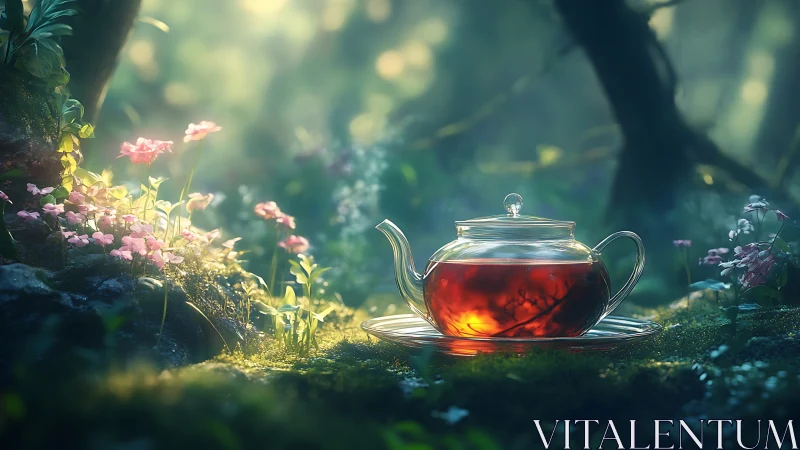Glass teapot with red tea resting on moss in forest clearing.