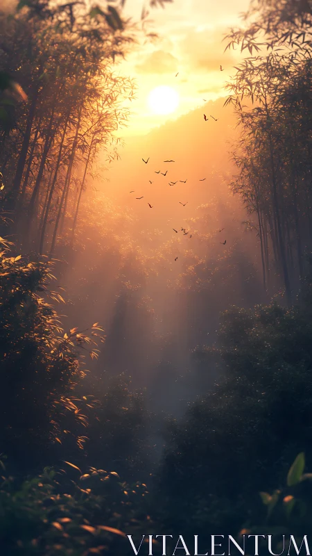 Golden Hour Bamboo Forest Pathway with Silhouetted Birds.