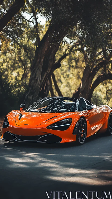 Low-slung orange supercar under dappled forest lighting parked roadside