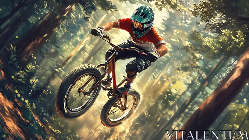 Mountain Biker Defies Gravity Through Sunlit Forest Canopy