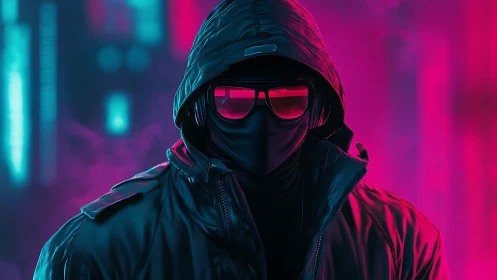 Hooded cyberpunk figure stands in neon city haze