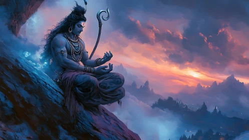 Divine yogi in twilight Himalayas, ethereal digital vista.